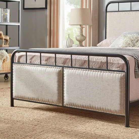 Best Pirce π Carbon Loft Gilles Beige Upholstered Black Metal Queen Bed π - Image 3