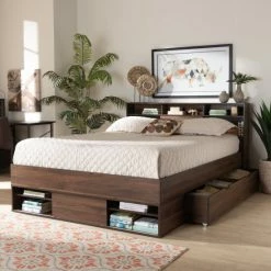 Wholesale 🎁 Carbon Loft Guararra Walnut Brown Wood Platform Storage Bed With Shelves 💯
