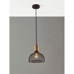 New π Carbon Loft Wiig Matte Black And Natural Rubber Wood Pendant Ceiling Light Small 10-inch β