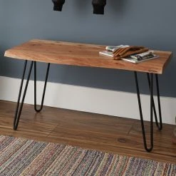 Brand new ⌛ Carbon Loft Czuchry Natural Live Edge Brown Acacia Wood Hairpin Bench 🔔
