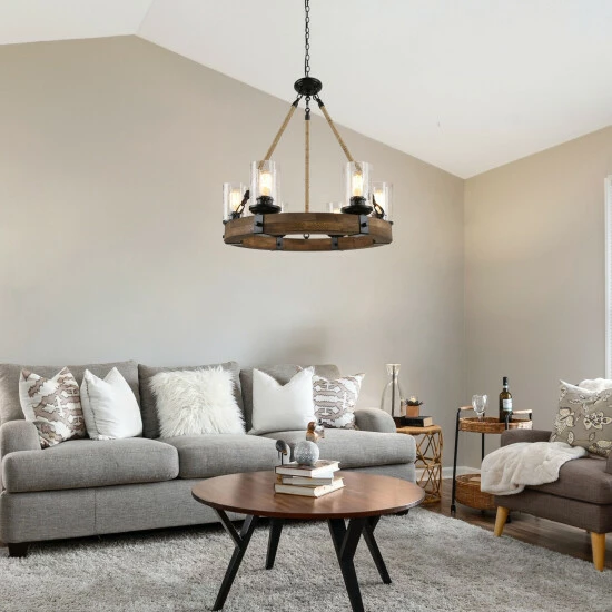 Best deal π Carbon Loft Stiliyana Farmhouse 6-light Wood Chandelier With Glass Shade For Dining Room - D25"x H 28" π₯ - Image 2