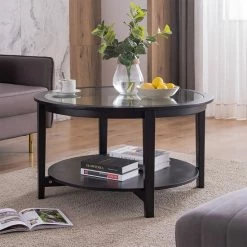 Best reviews of 👍 Carbon Loft Modern Solid Wood Round Coffee Table With Tempered Glass Top 🔔