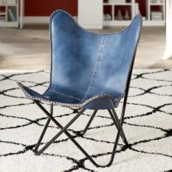 Hot Sale ❤️ Carbon Loft Larkin Navy Blue Leather Butterfly Chair 👏
