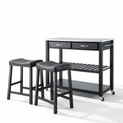 Hot Sale 👍 Carbon Loft Edwin Stainless Steel Top Black Finish Kitchen Cart With Upholstered Saddle Stools ✨