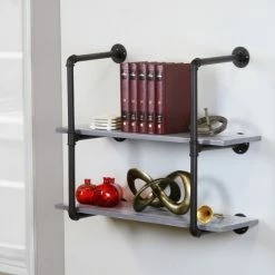 Wholesale ⭐ Carbon Loft Foronjy Black Pipe 2-level Weathered Grey Floating Wooden Bookshelves 🎉