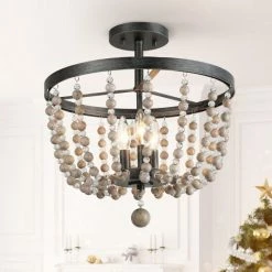 Promo 🥰 Carbon Loft Boho 3-light Distressed Wood Beads Chandelier Flush Mount Lights - D11" X H11.2" 🔥