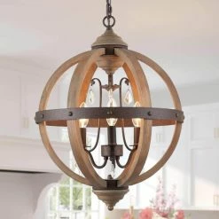 Hot Sale β Carbon Loft 3-Light Farmhouse Wood Crystal Chandelier Orb Pendant For Dining Room - D15.5"xH21.5" βοΈ