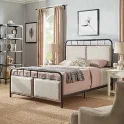 Best Pirce 🌟 Carbon Loft Gilles Beige Upholstered Black Metal Queen Bed 👍