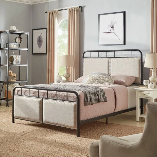 Best Pirce π Carbon Loft Gilles Beige Upholstered Black Metal Queen Bed π
